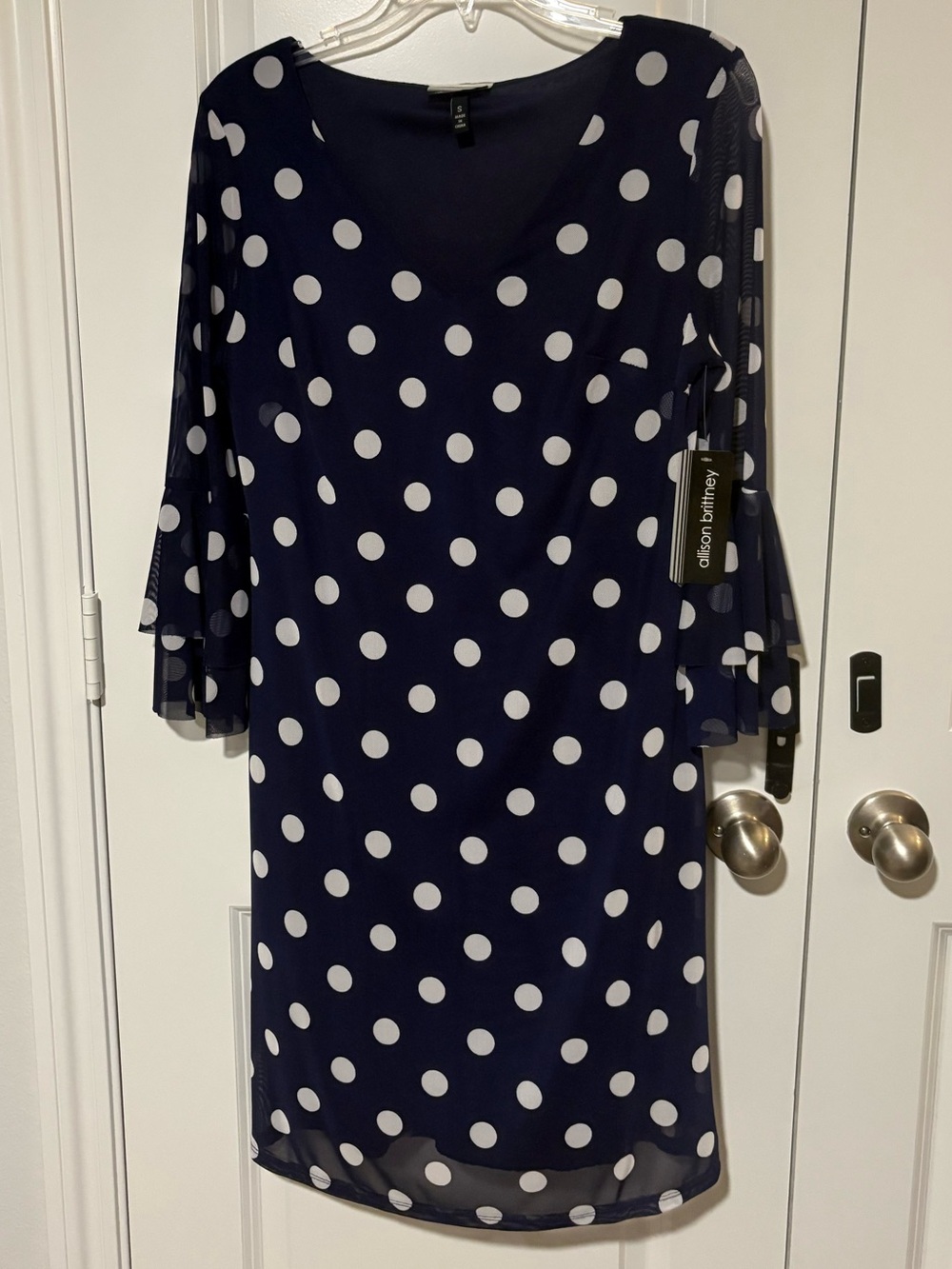 Allison Brittney Navy Polka Dot Bell Sleeve Dress Size S NWT